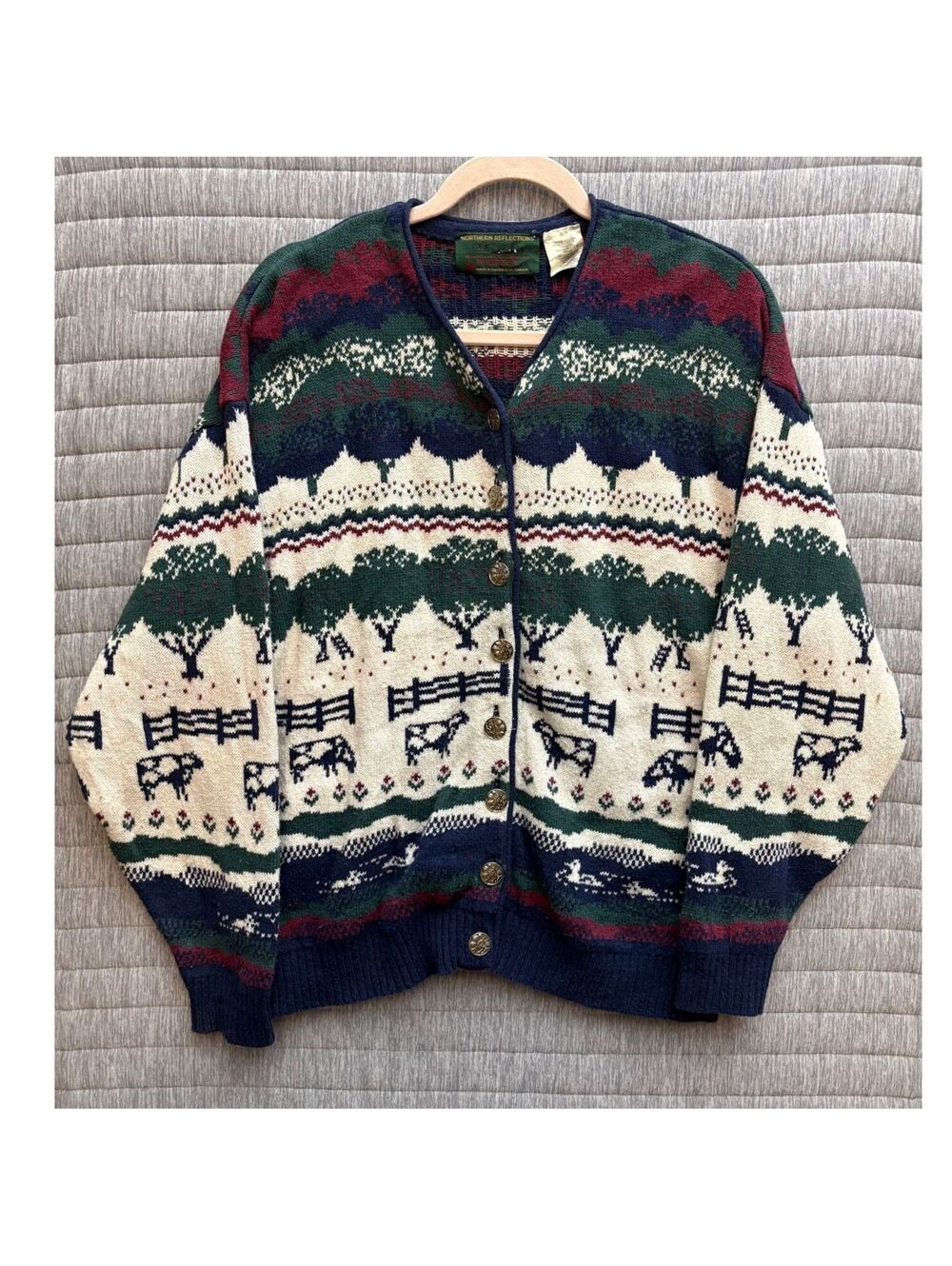 Northern Reflections Vintage Knit Cardigan Sweater Farm Scene Small Cottagecore